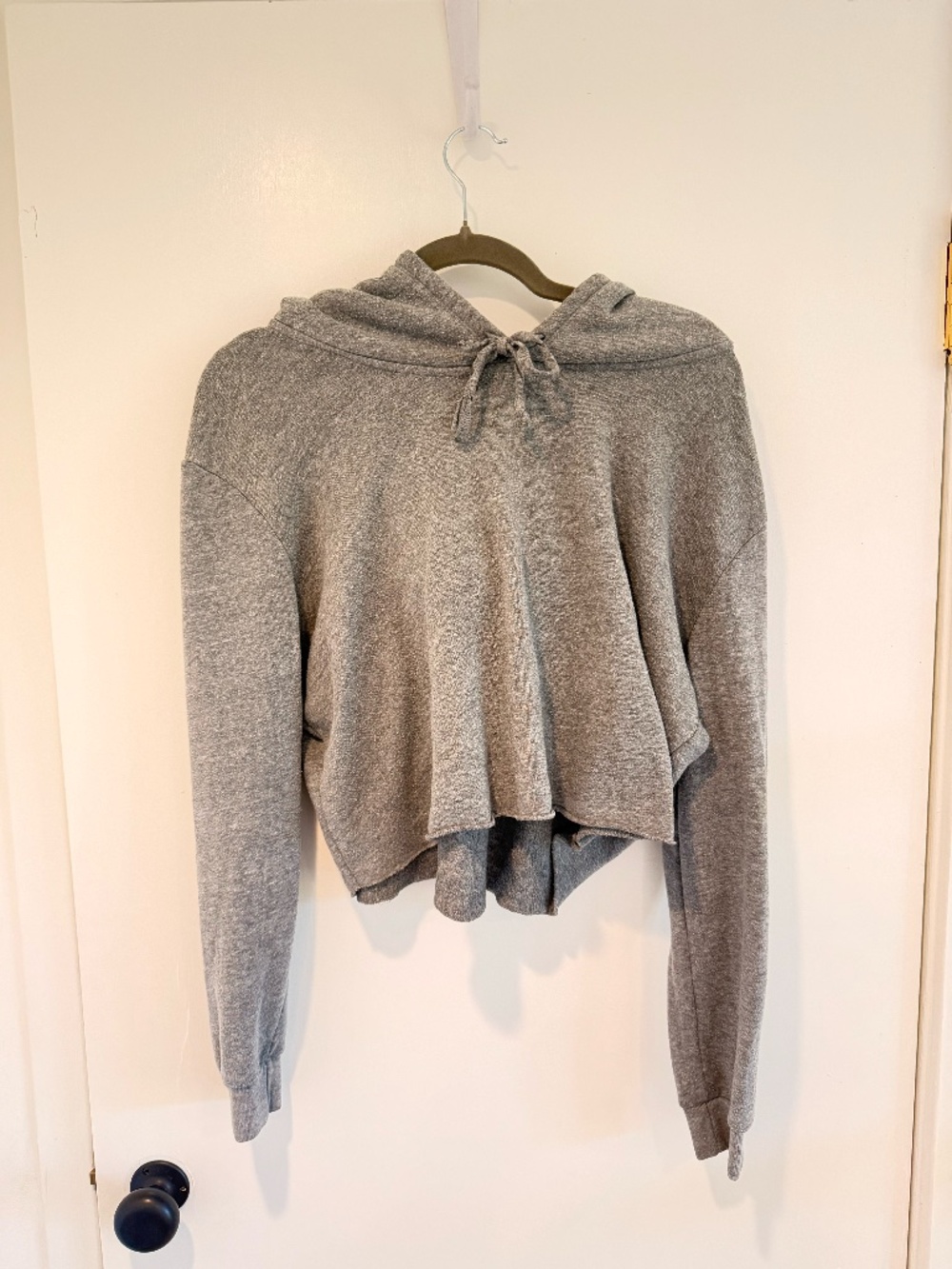 Grey Cropped Drawstring Hoodie Sweatshirt Raw Hem